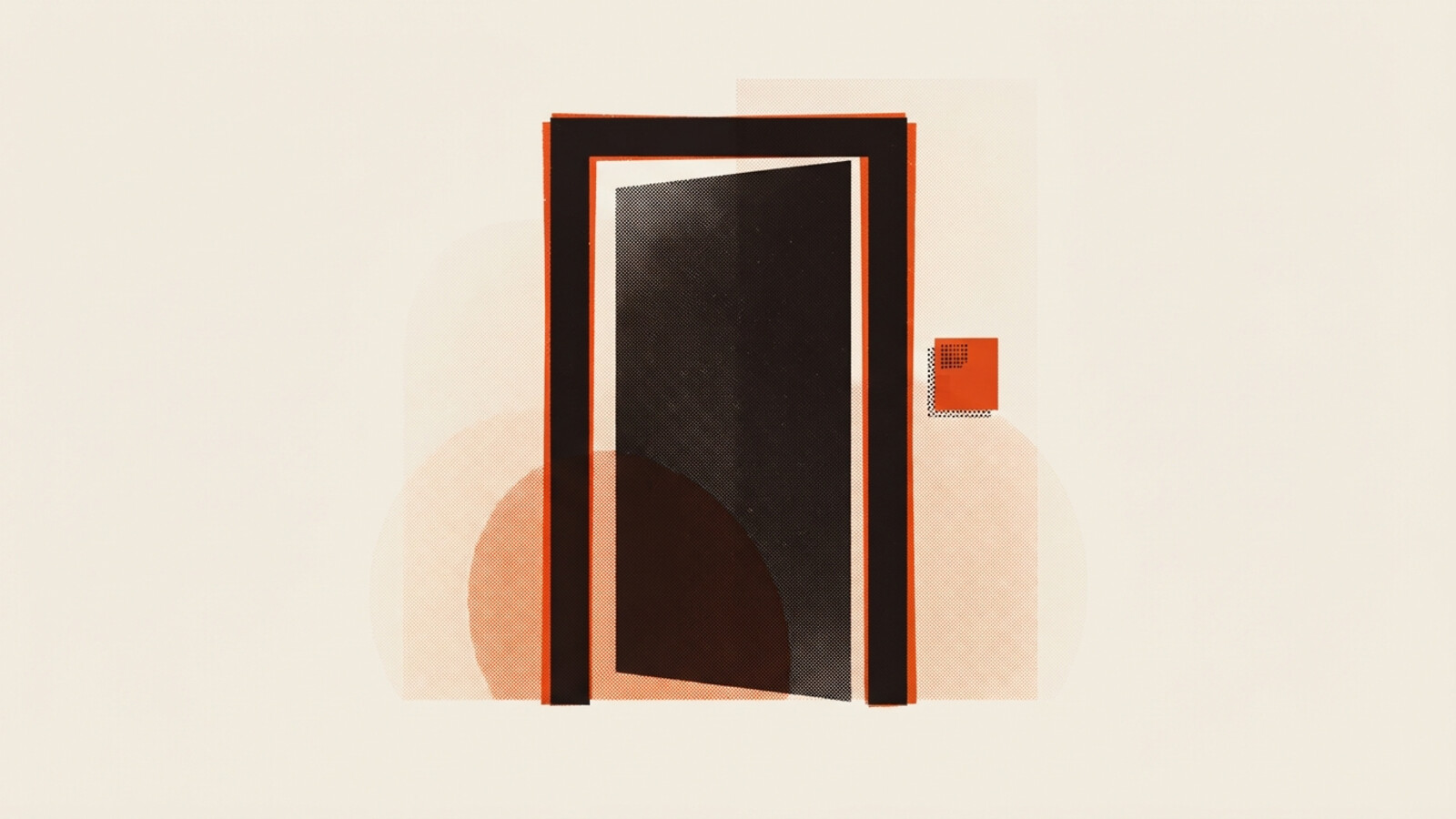 A two-colour risograph poster of a door standing slightly ajar in its frame with a small orange square label on the wall beside it