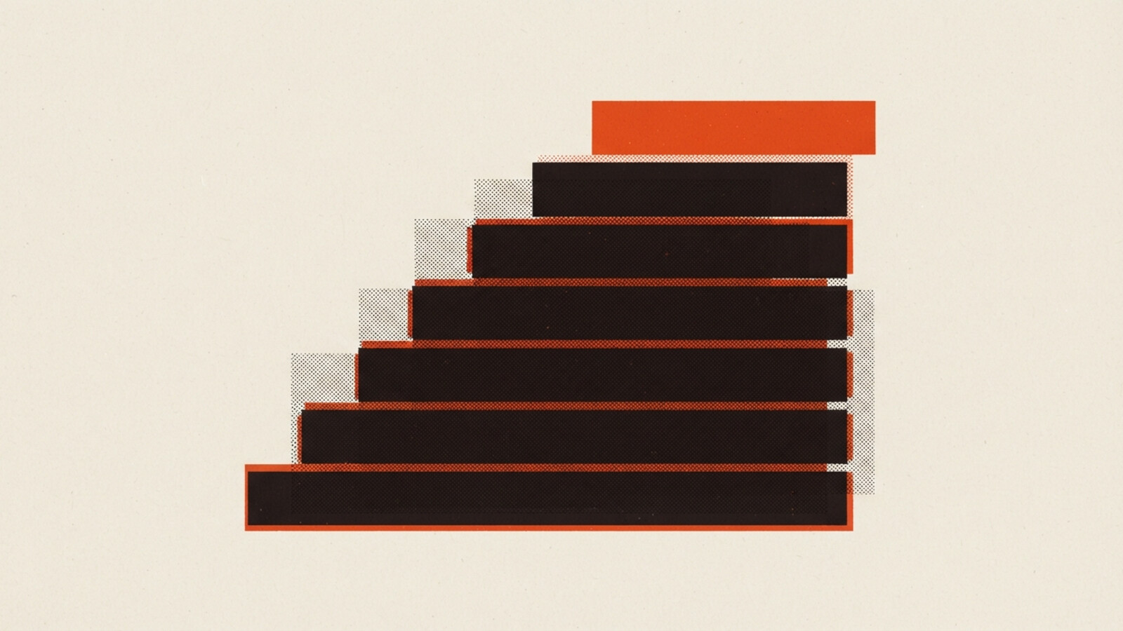 A two-colour risograph poster of seven stacked horizontal bands stepping upward like a section drawing, the final band picked out in orange