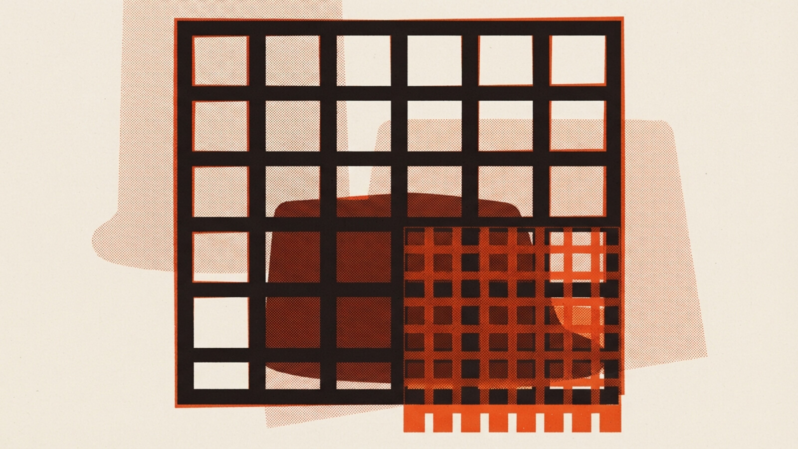A two-colour risograph poster of a large sparse structural grid overlapped at its lower corner by a smaller, much denser grid in orange, the two inks mixing to burnt red where they cross
