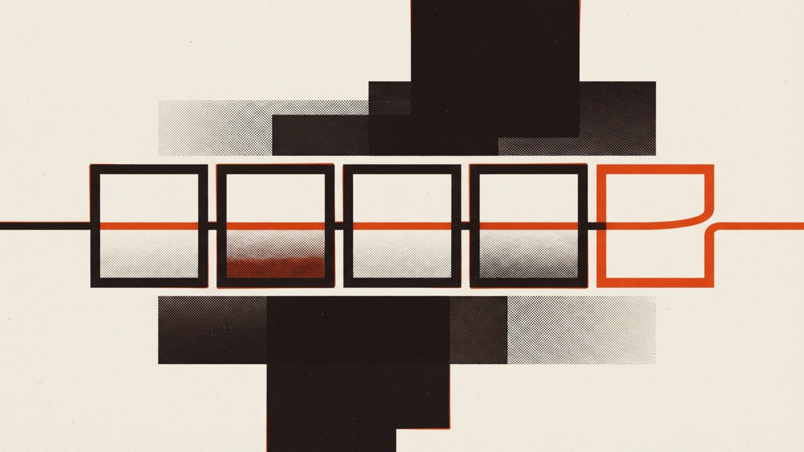 A two-colour risograph poster of five square plan cells in a row, an orange line threading through them and running on past the last, which is drawn open