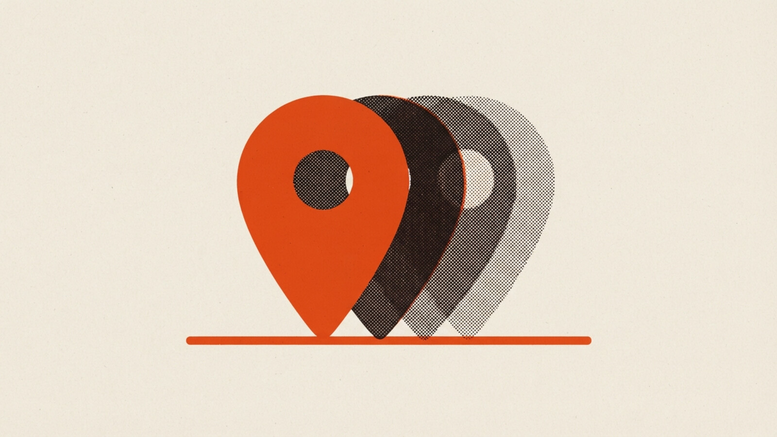 A two-colour risograph poster of one orange location pin with four offset halftone silhouettes of the same pin fanned behind it