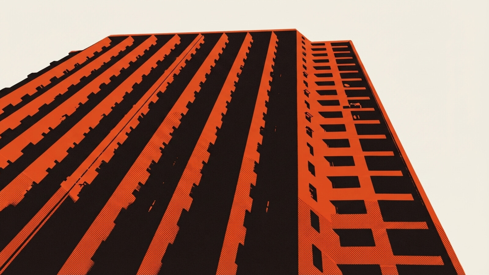 A two-colour risograph poster of a multi-storey apartment tower with a single unit flagged in orange