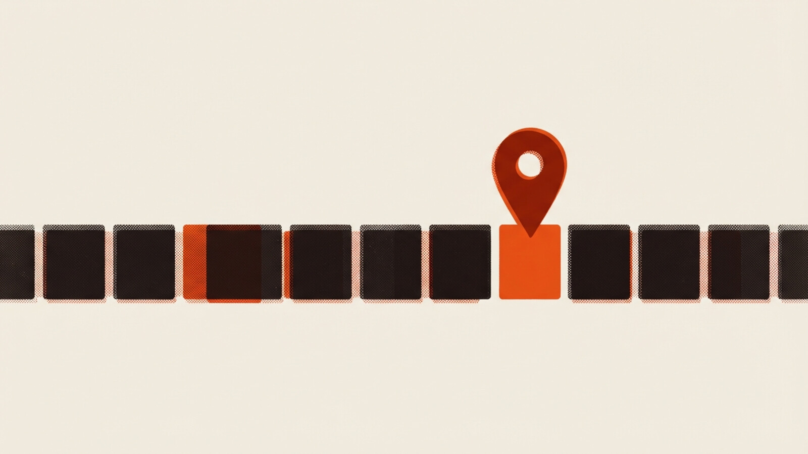 A two-colour risograph poster of a long strip of twelve rectangular plates like a calendar, one near the end printed orange with a location pin standing on it