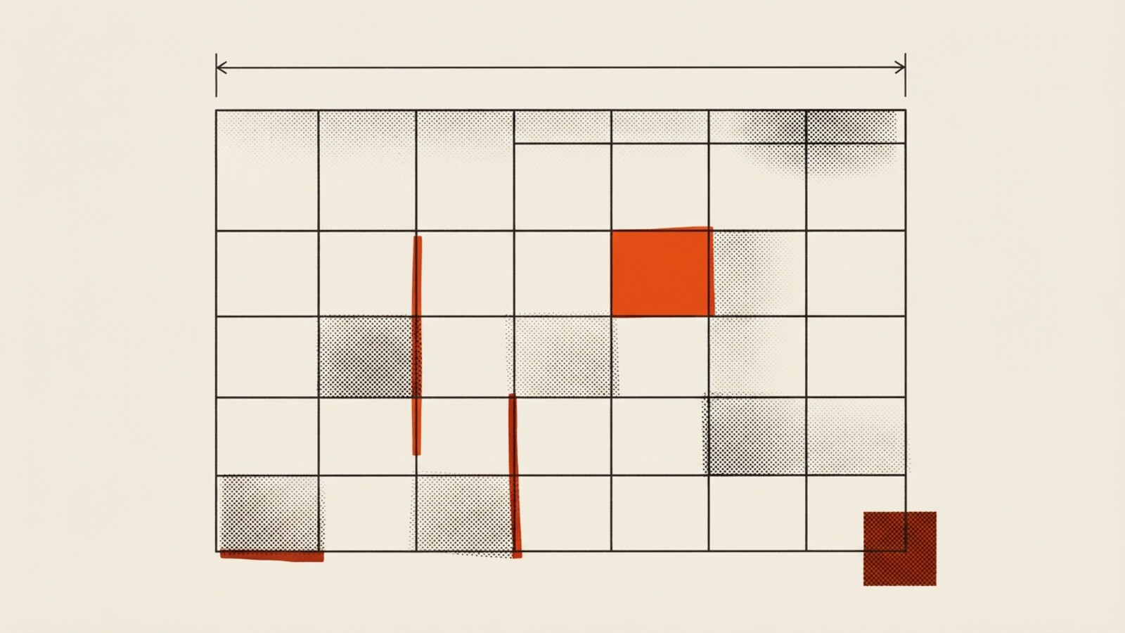 A two-colour risograph poster of a calendar grid drawn like a plan, one cell hatched orange, dimension lines along the edge