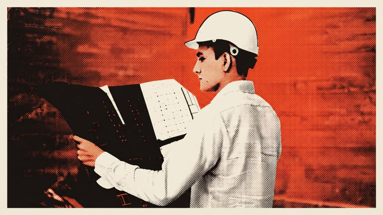 A two-colour risograph poster of a worker in a hard hat reading site blueprints