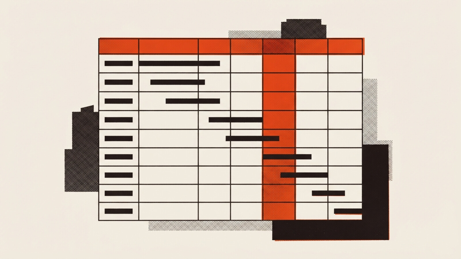 A two-colour risograph poster of a schedule grid whose entries are solid ink bars rather than words, its header band and one full column picked out in orange