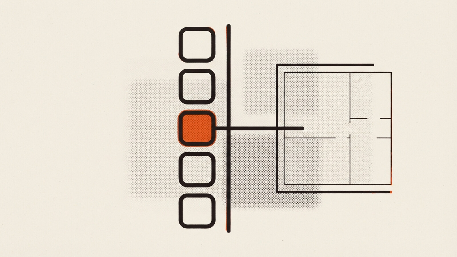 A two-colour risograph poster of a column of checkboxes on a spine, one filled orange and wired to a plan sheet at the edge