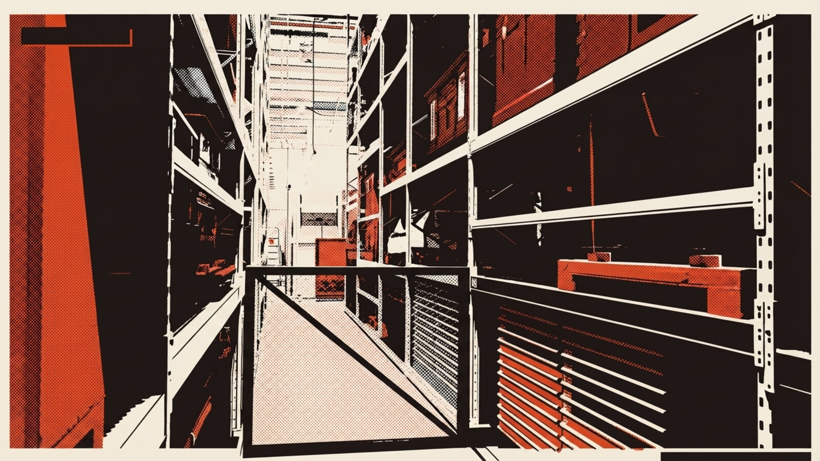 A two-colour risograph poster of a warehouse racking aisle receding in sharp perspective