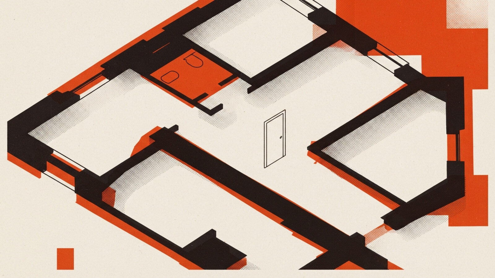 A two-colour risograph poster of an apartment plan with one bathroom filled orange and a line-drawn door standing in the corridor