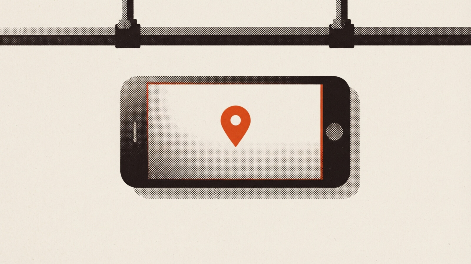 A two-colour risograph poster of a phone under a sprinkler main with one orange location pin on its screen