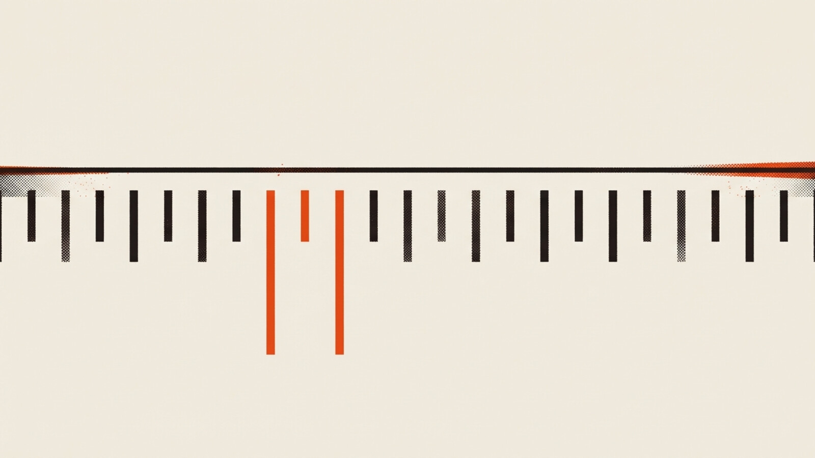 A two-colour risograph poster of a draughting rule spanning the frame, ruled with evenly spaced tick marks, a short span of them picked out in orange and drawn long