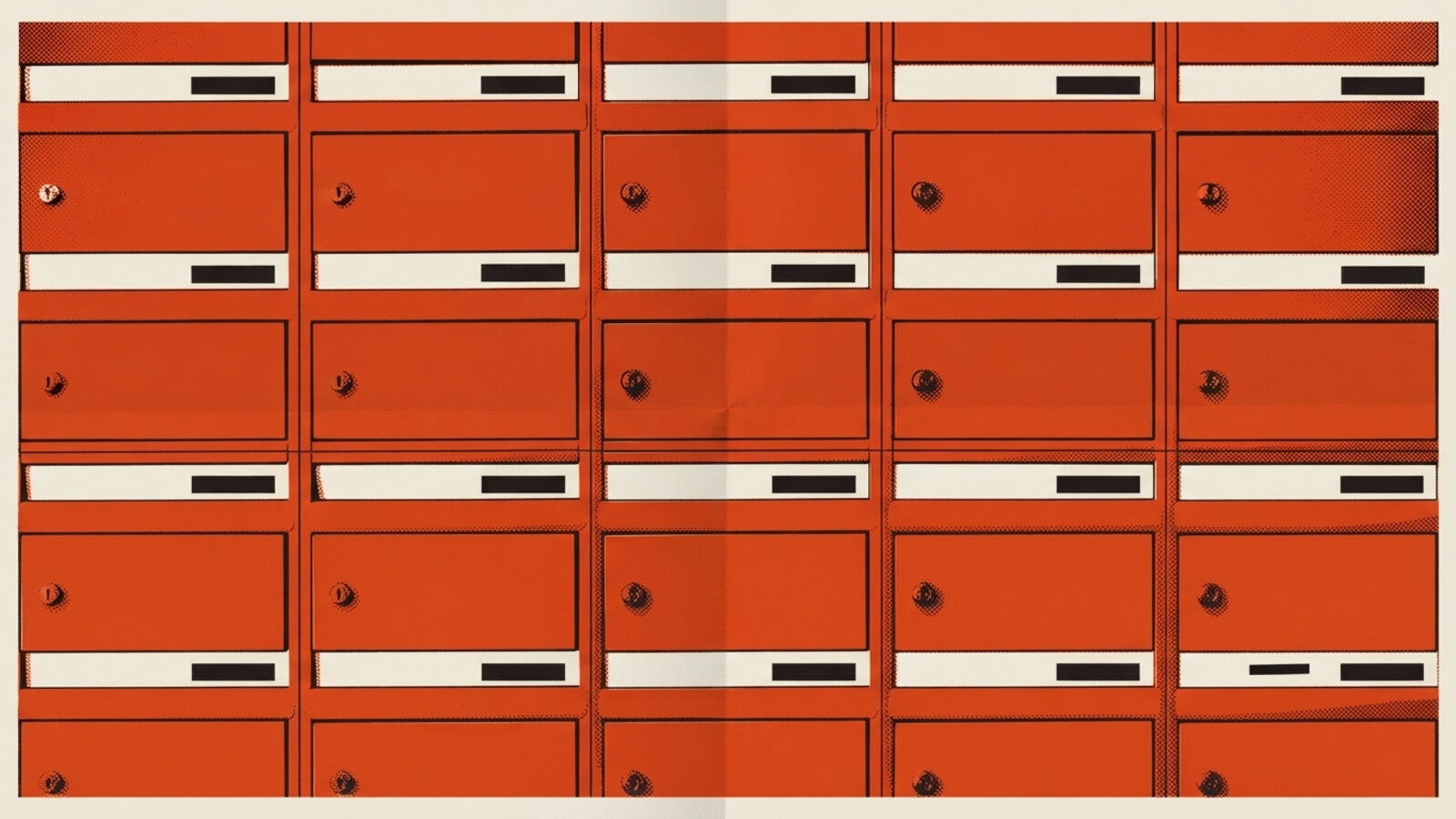 A two-colour risograph poster of a grid of apartment mailboxes, the shared common property of an owners corporation