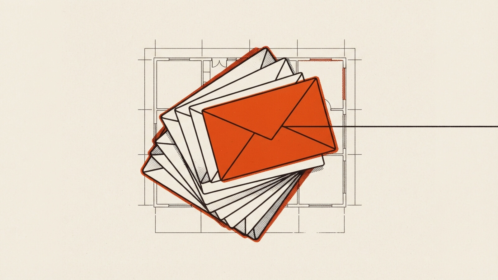 A two-colour risograph poster of a stack of envelope outlines fanned across a plan, one orange envelope at the top with a line running off the sheet