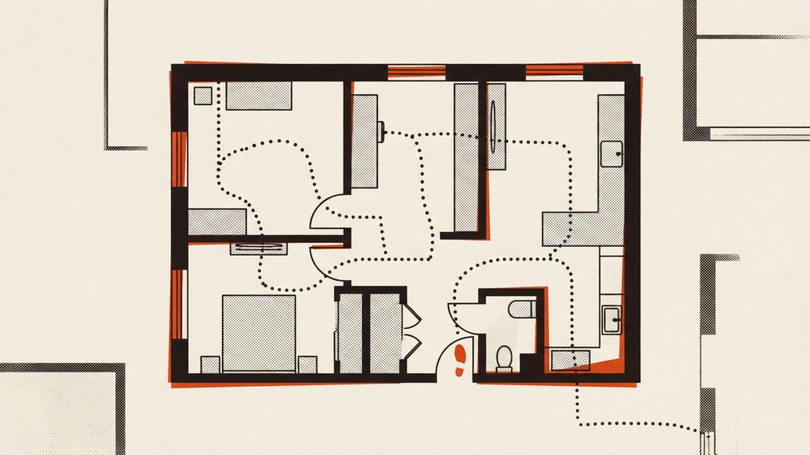 A two-colour risograph poster of an apartment plan with a dotted walking route through the rooms and one orange footprint mark at the bathroom door