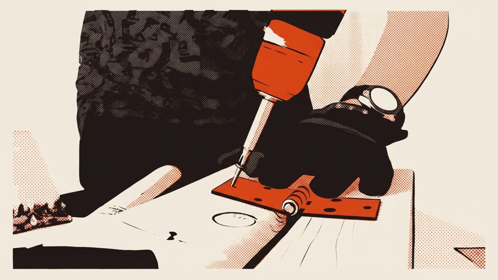 A two-colour risograph poster of a gloved hand driving a cordless drill into a fixing bracket on a workbench